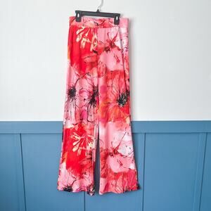 N Natori Floral Wide Leg Pants XS Stretch Pull On Travel Cruise